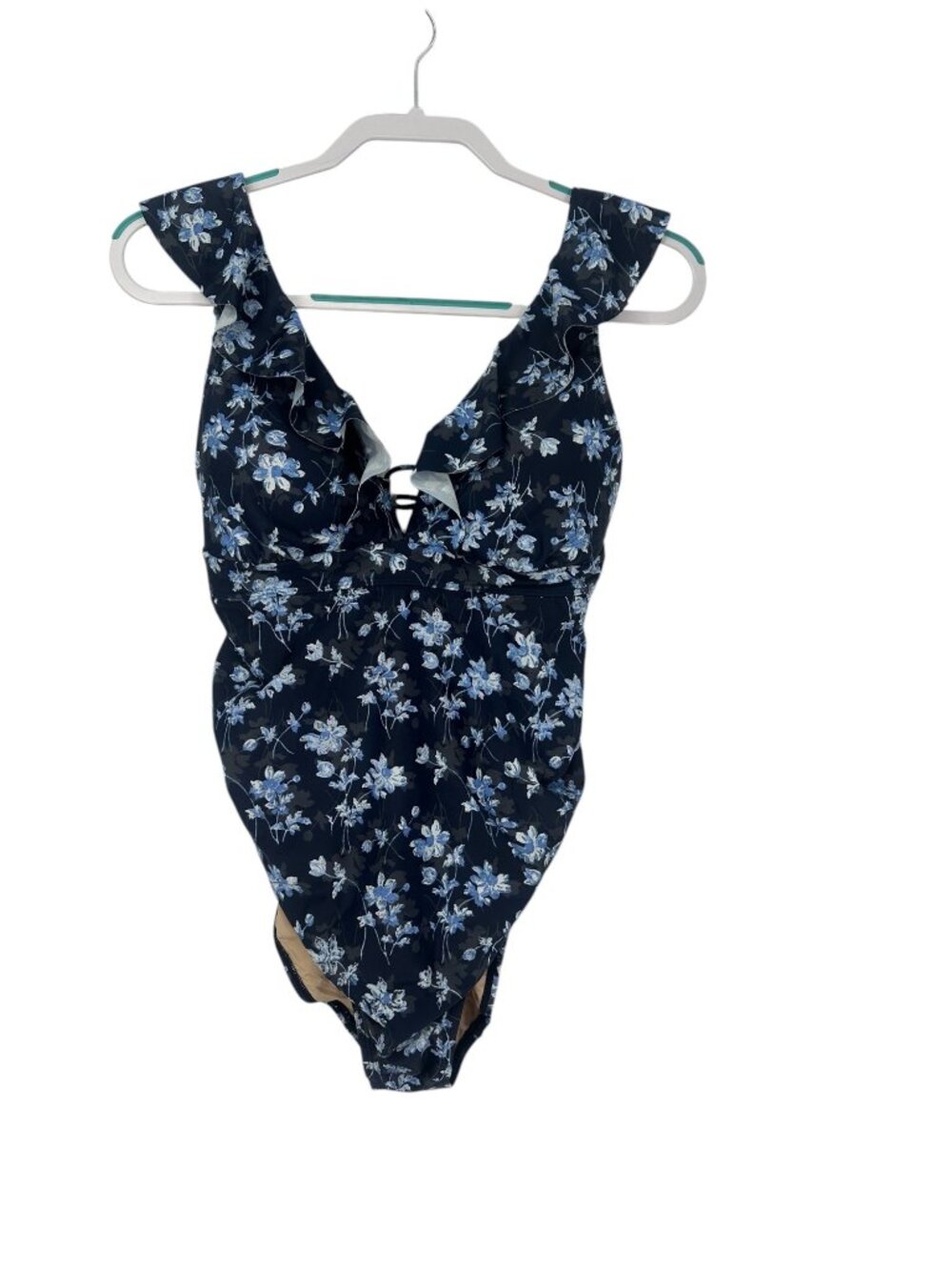 A Pea In The Pod Maternity Swimsuit Small Blue Floral Ruffle Summer One Piece